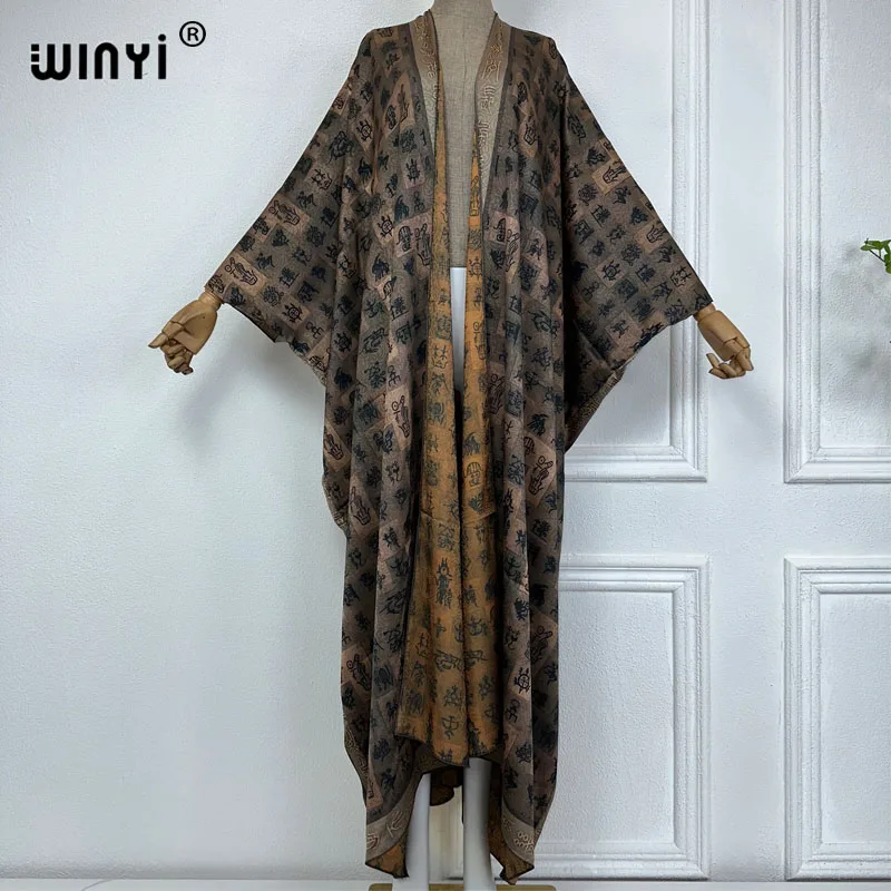 

WINYI High-grade double-sided metro Printed silk dress cardigan Beach Wear Cover up fashion elegant Holiday Muslim coat
