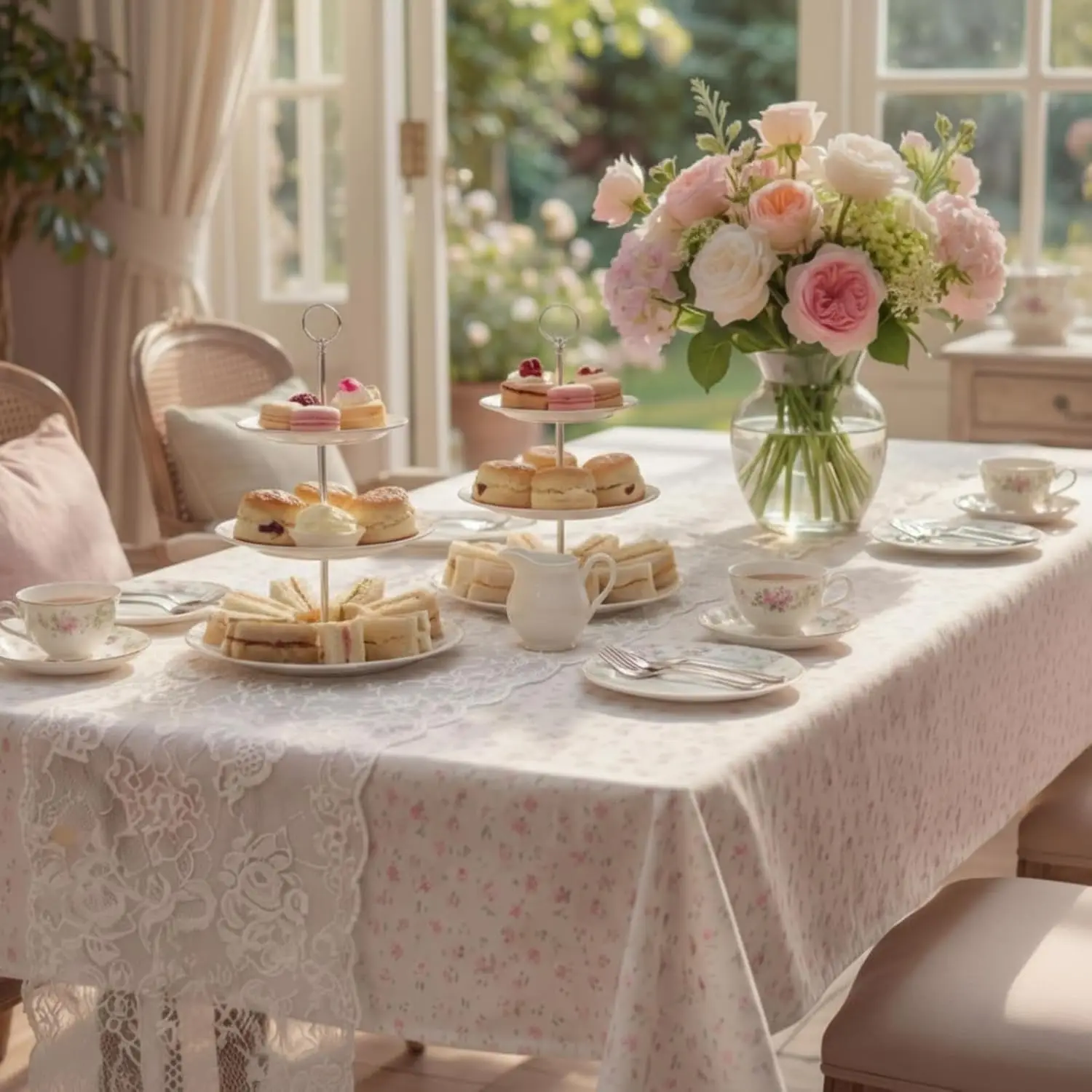 

Набор из 2 предметов: Винтажная прямоугольная скатерть и белая кружевная дорожка для стола с цветочным узором, розовый цвет, для декора на весеннее чаепитие