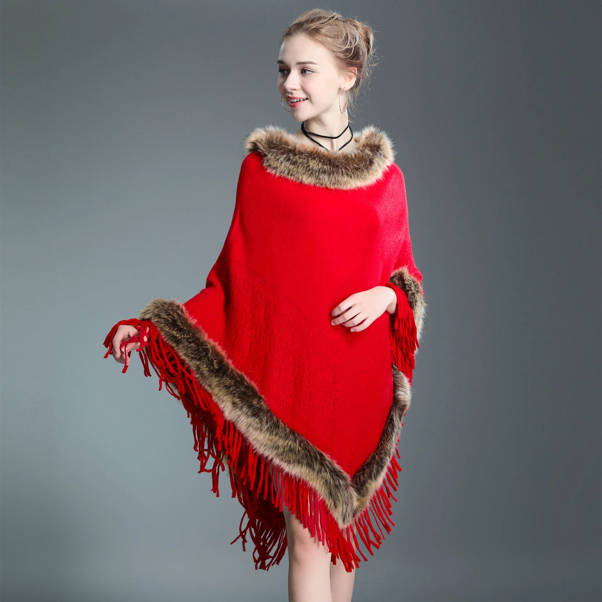 Autumn Winter New Imitation Raccoon Fur Collar Cape  Tassel Knitted Pullover Fur Cloak Female Ponchos Capes Red Cloaks