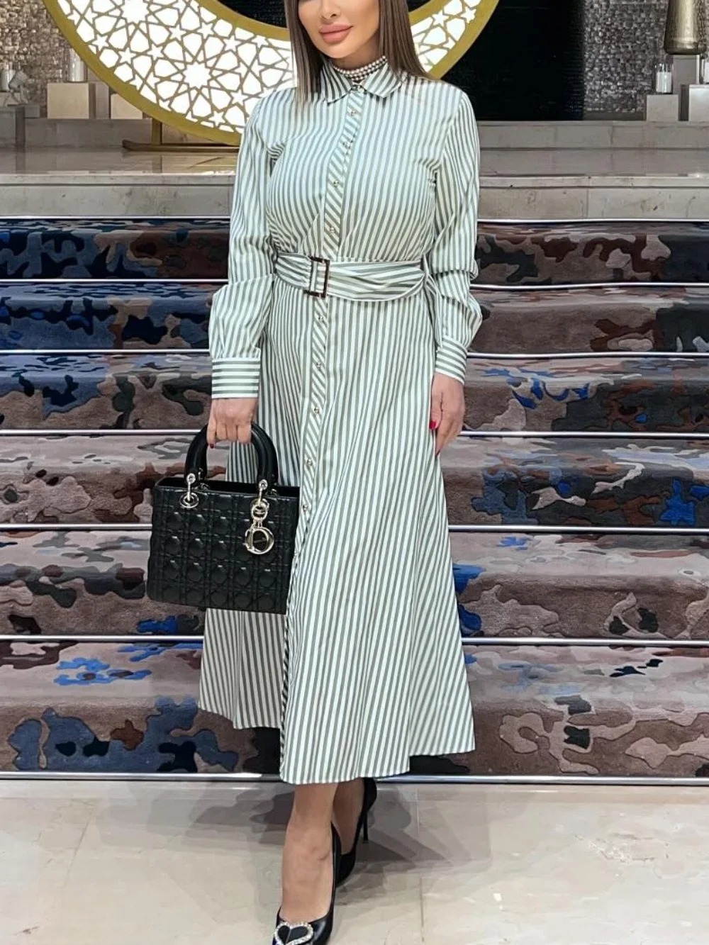 

Casual Chic Women Dress Striped Belt Button Long Sleeve Slim Long Straight Vestidos New Fashion 2025 Spring Summer Dress