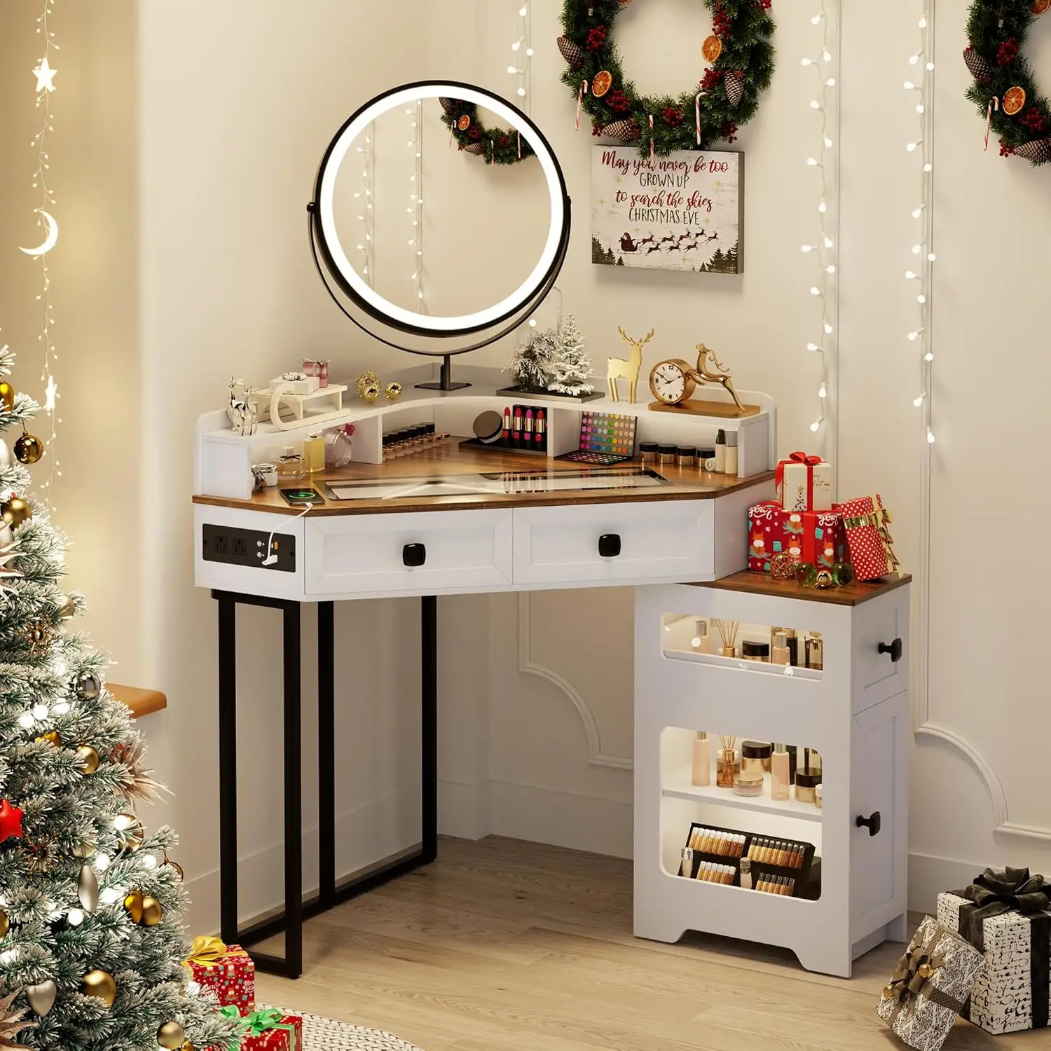

Corner Vanity Desk with Mirror and Lights, Modern Makeup Vanity with Charging Station & Human Sensor Light, Glass Top Dressing T
