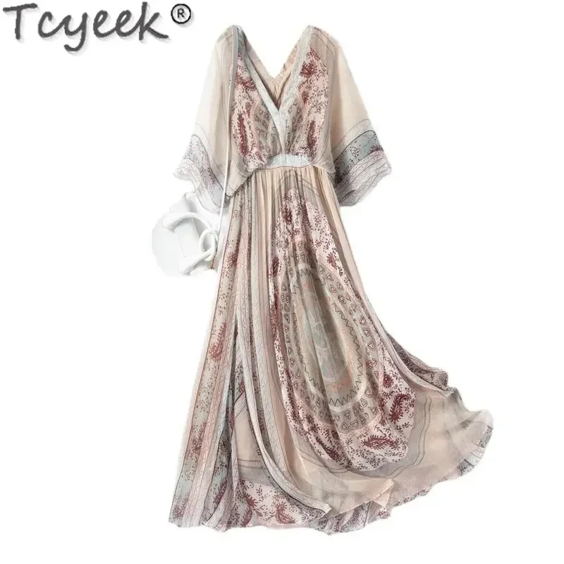 

95% Tcyeek Mulberry Real Silk es for Women 2024 New V-neck Printing Western-style Holiday Dress Fashion Vestidos Cjk