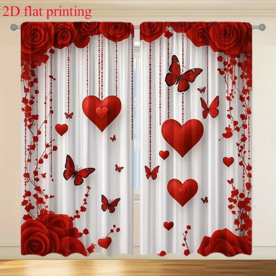 2 PCS Rose Butterfly Curtains, Sweet Cool Style Window Drapes for Living Room Bedroom Home Decor Polyester Rod Pocket Design