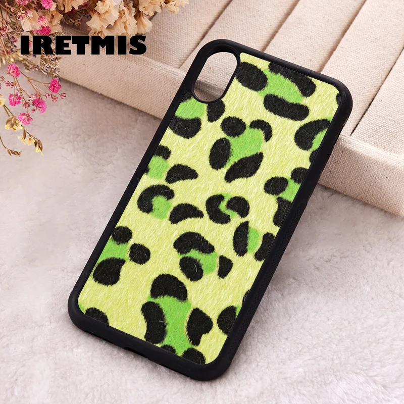 Iretmis Phone Cover Case For iPhone X XS Max XR 11 12 13 PRO MINI 14 15 16 Plus Rubber Silicone Neon Green Leopard