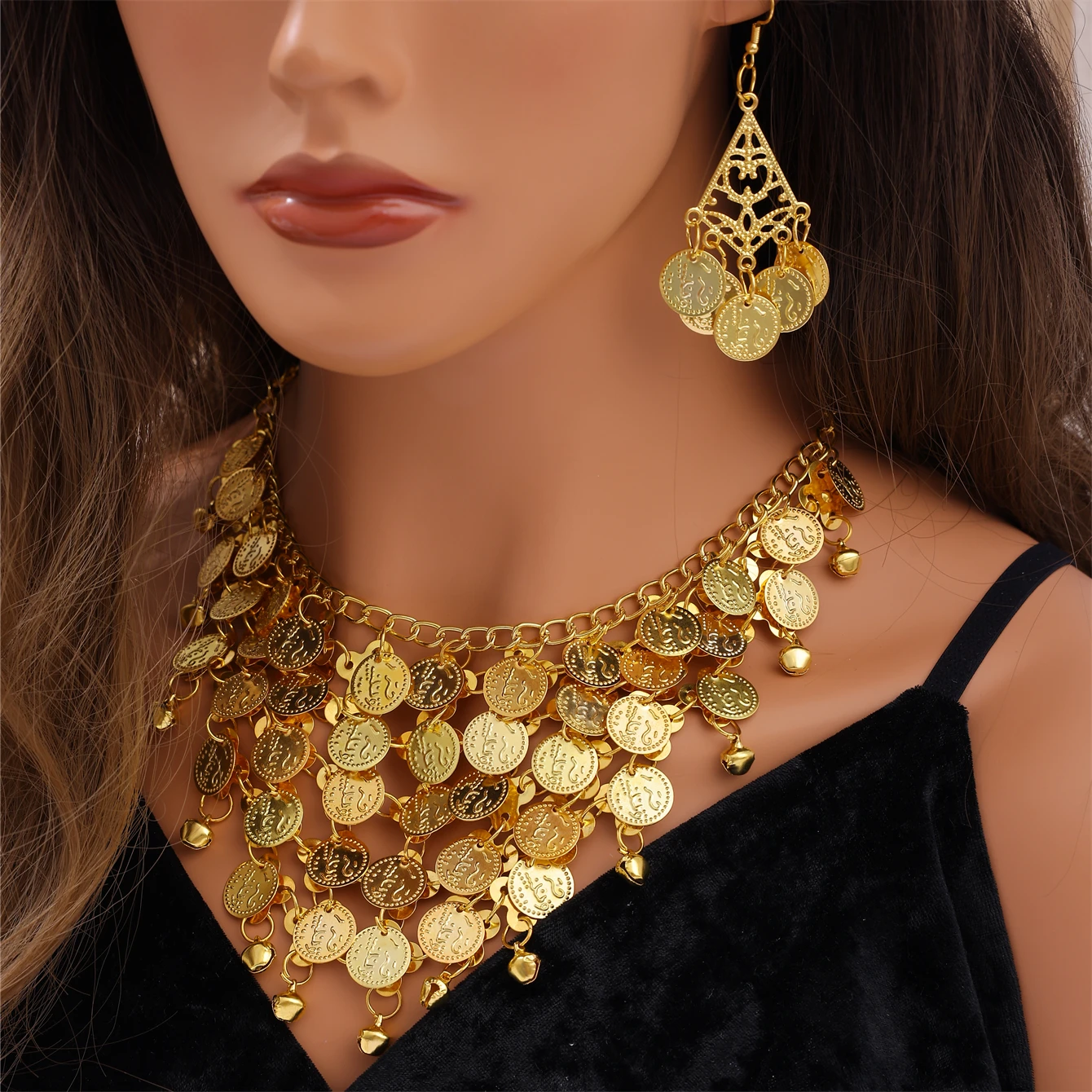 

Ottoman Turkish Money Coin Style Necklace Earrings Two-Piece Bridal Jewelry Set