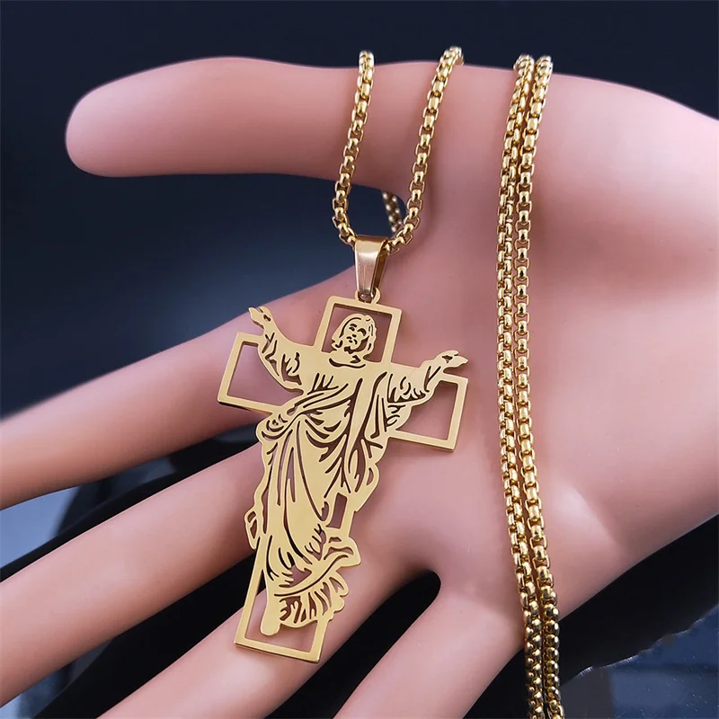 Jesus Cross Stainless Steel Pendant Necklace Gold Color for Women/Men Religious Christian Necklaces Jewelry collier N4573S02