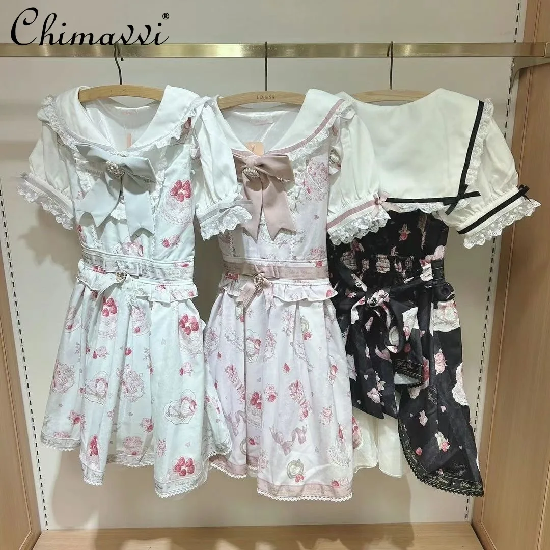 Japanese Style Liz Sailor Collar Summer Strawberry Cake Flower Dress Women Girls Short Sleeve Sweet Slim-fit A Line Dresses