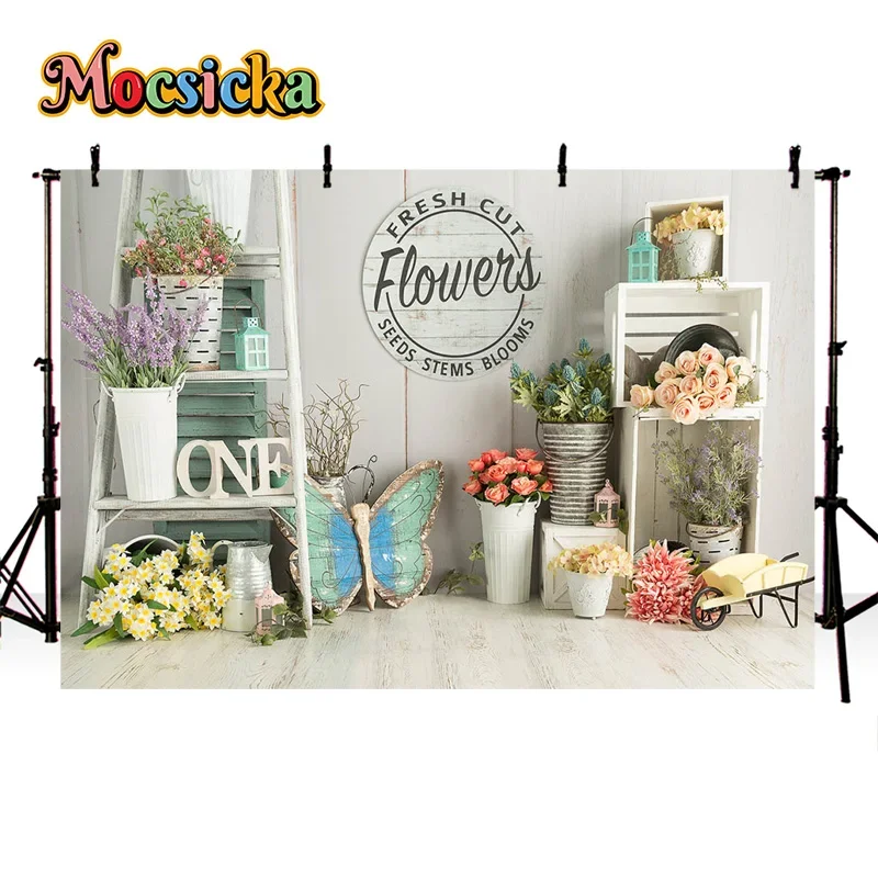 Mocsicka Happy Birthday Kids Photography Backdrops Flower Shop Wooden Board Backgrounds Cake Smash Customisable Banners Studio