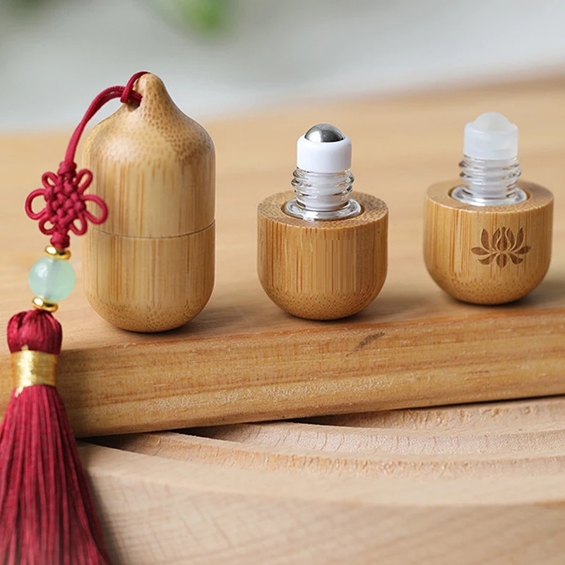 Bamboo Essential Oil Bottle With Steel Rolling Ball 1ml Small Roll On Bottle Essential Oil Empty Wood Glass Bottle Perfume