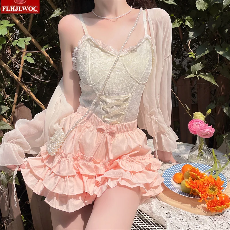 Holiday Cotton Bloomers Lolita Style Girls Cute Japanese Design Date Princess Pink Layer Puff Shorts Ruffles Lantern Small Pants