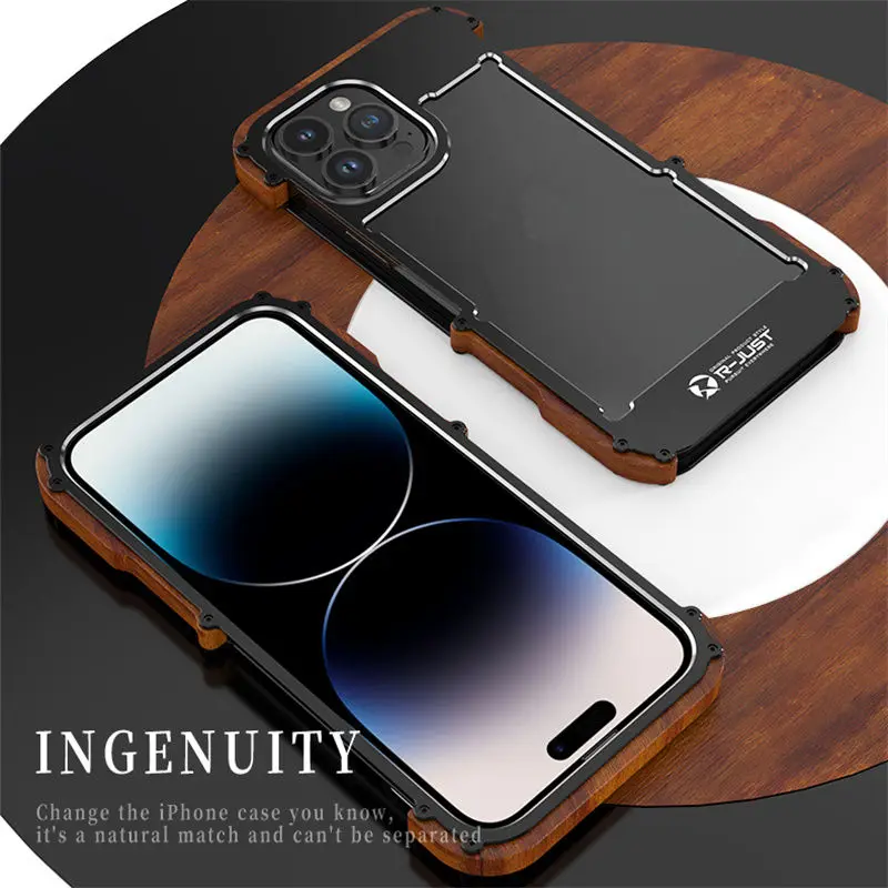R-JUST Luxury Ironwood 1st Metal Armor Case for iPhone 15 Pro Max XR 11 12 13 Pro 14 Plus Shockproof Contrast Metal & Wood Case