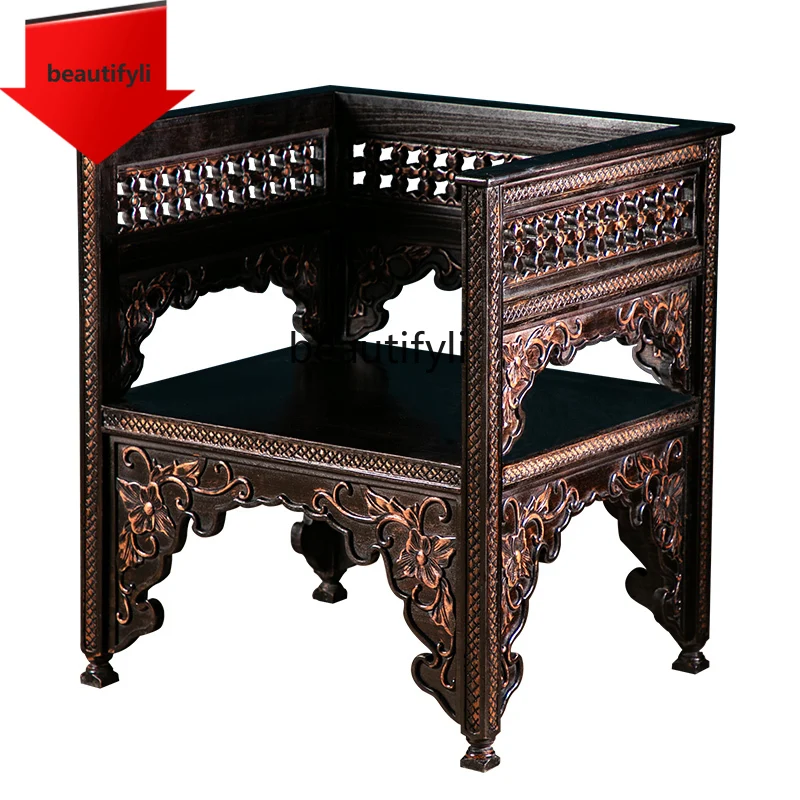 a44  Southeast Asian Classical Armchair Furniture Retro Chinese Elm Hand Carved Solid Wood Chair Seat