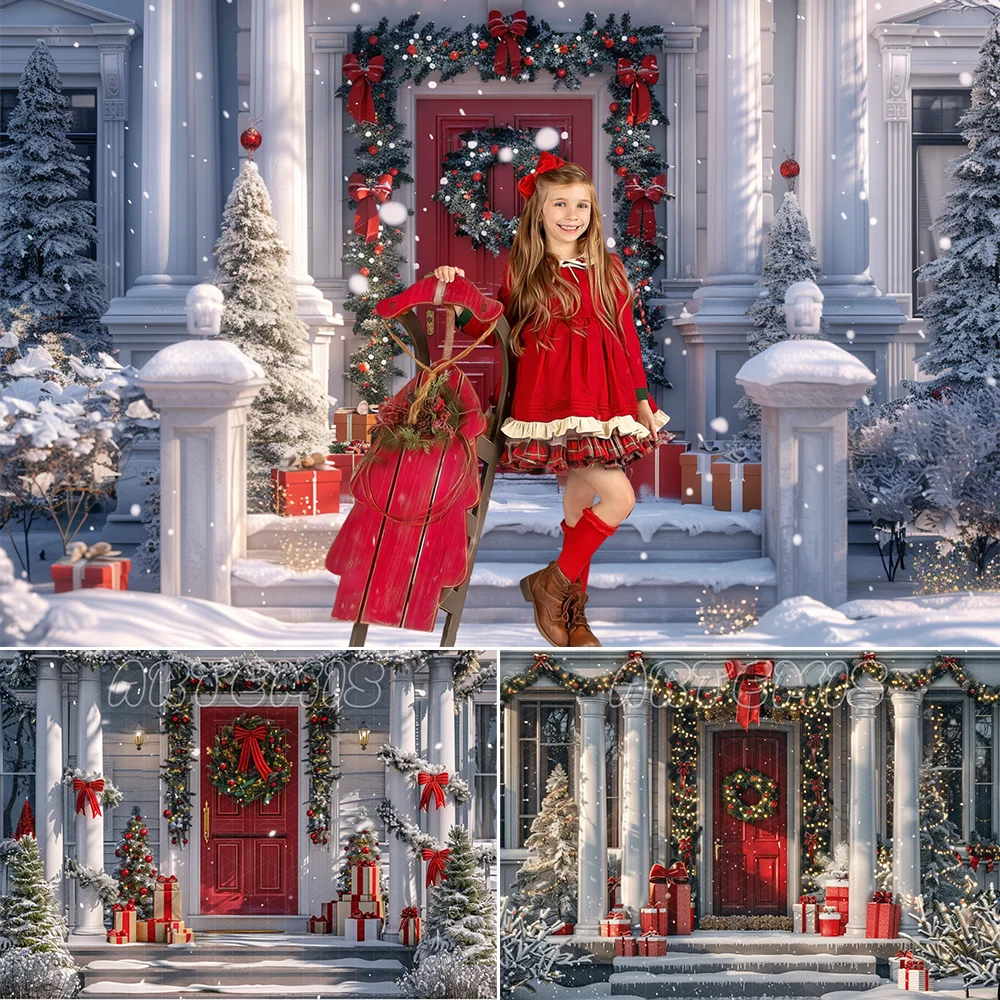 Weihnachts fotografie Hintergrund dekoriert Tor Veranda Band Bögen weiße Säulen Schnee girlanden Hintergrund Fotostudio Fototermin