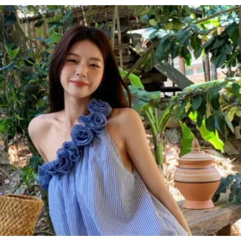 

Vacation Style Floral Stripe Strap Vest Women Spring 2026 New Bow Short Shoulder Exposure Flower Bud Top Casual Wear