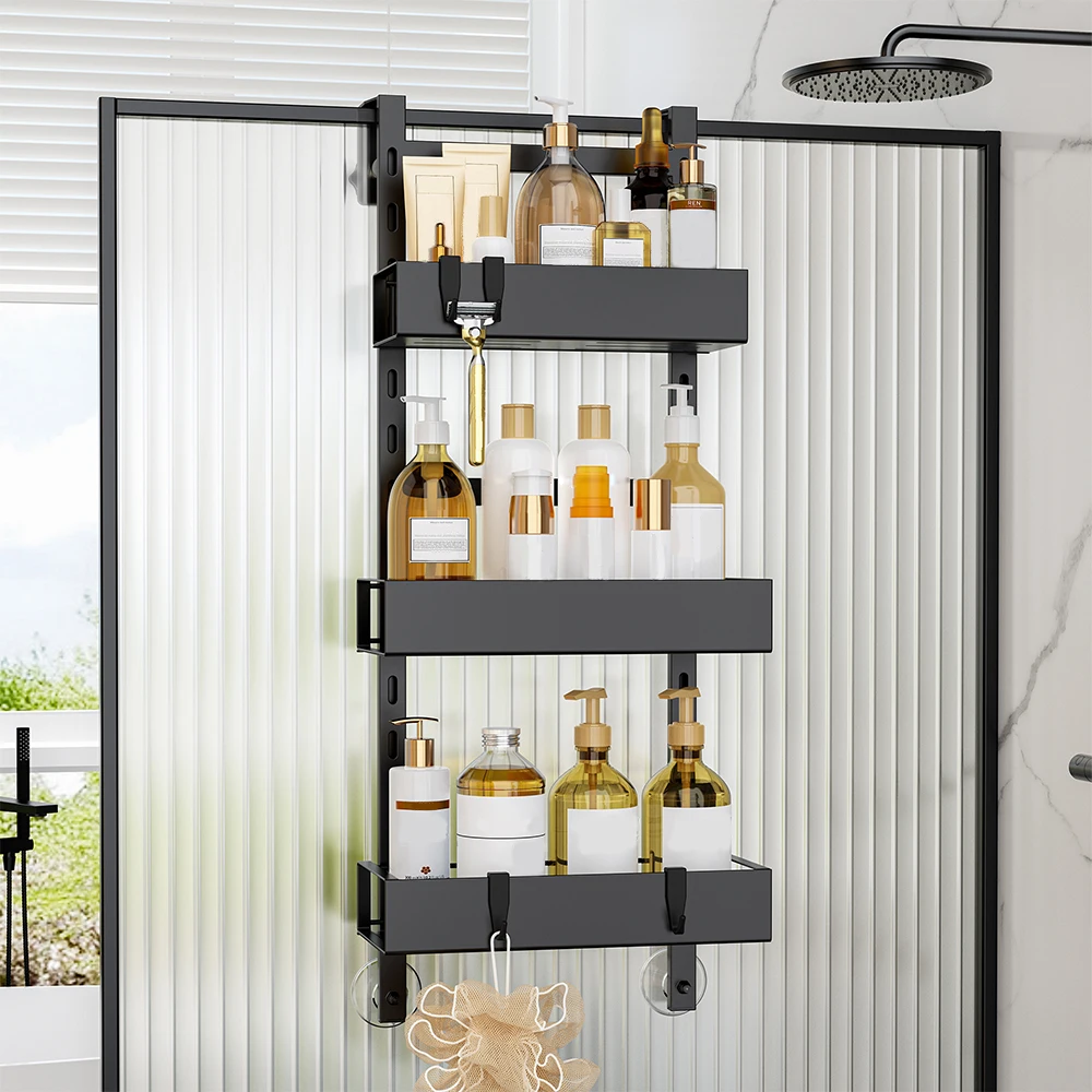 1pc 3-layer Door Hanging Storage Rack, Height Adjustable Bath Hanging Rack, Black, Home Organization And Storage Supplies