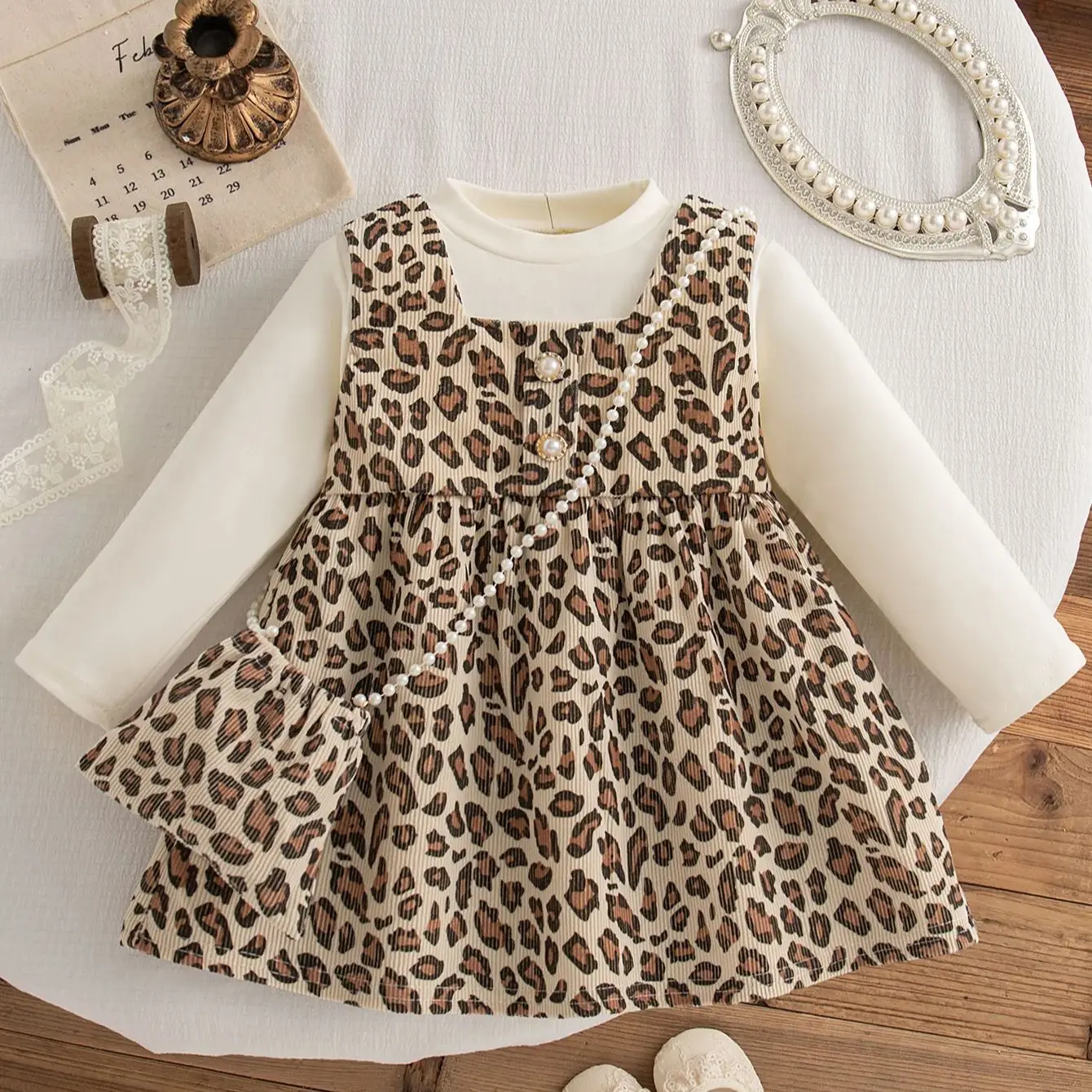 

Autumn New Cute Leopard Print Baby Girl Dress, Two Fake Children'S Clothes With Free Bag Suitable For Babies Aged 0-3 Years