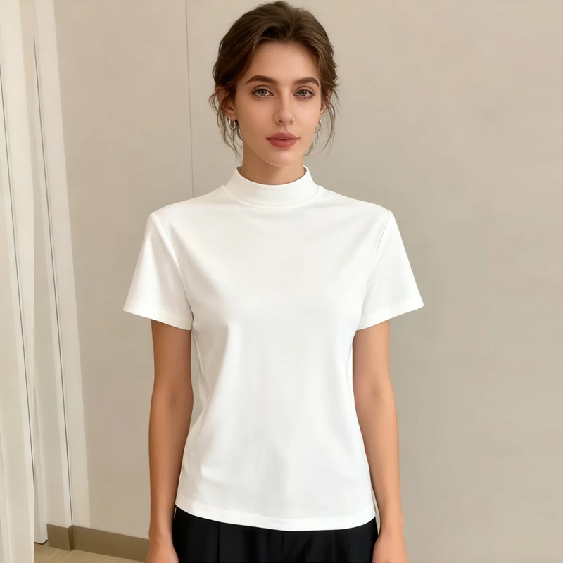 Casual Short Sleeve Women T-shirts Summer New Solid Color Slim Fit Elegant Basic Tees Top Shirts Half High Neck Simple Tshirt