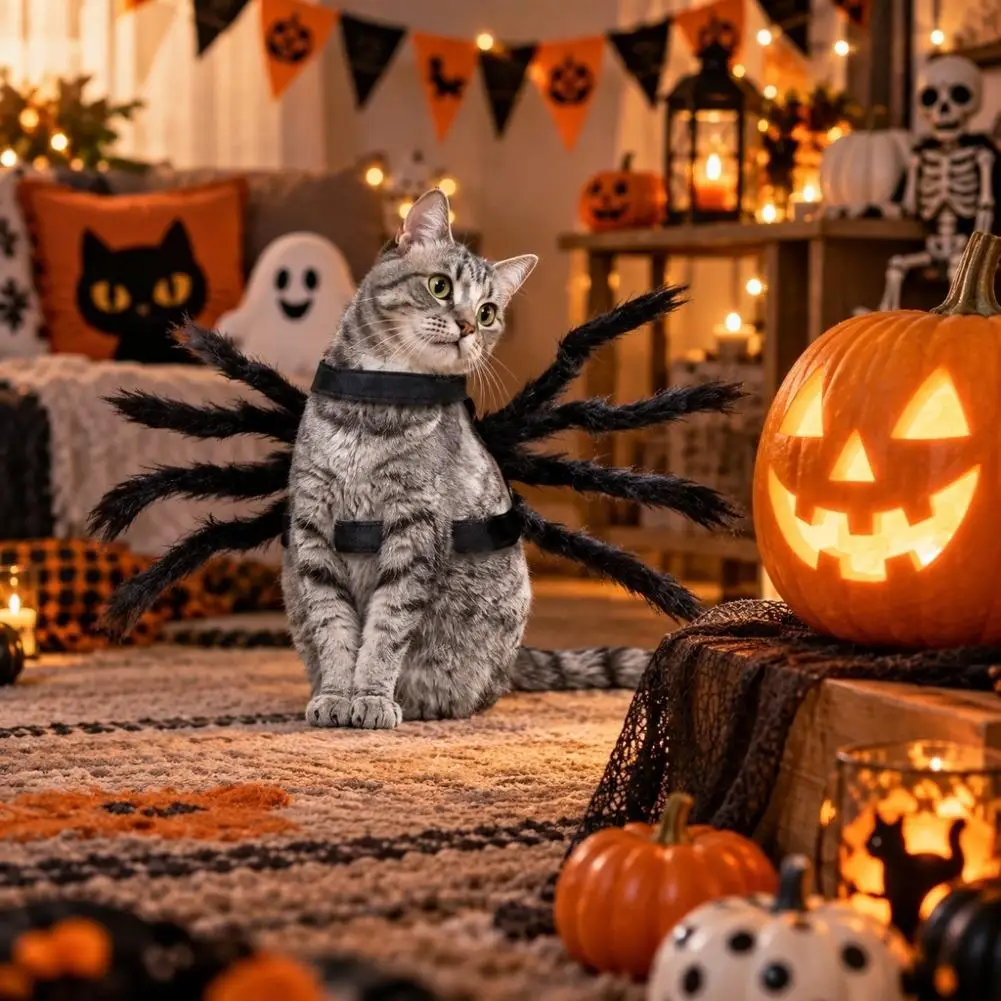 Haustier-Spinnenkostüm für Halloween, realistisches, pelziges Kostüm für Hunde und Katzen, lustiges Party-Outfit, bequeme Passform für kleine und mittelgroße Haustiere. – Detail 6