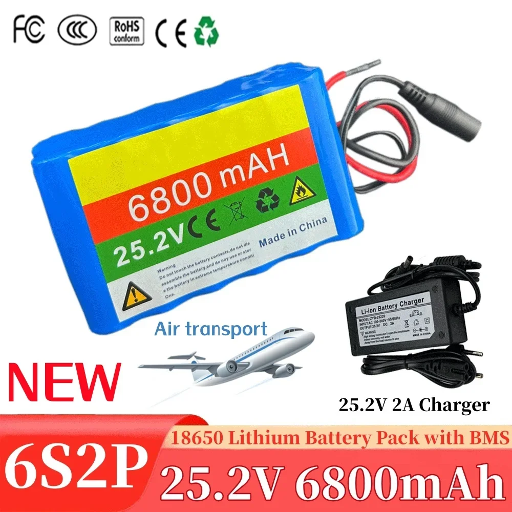 100% ใหม่ 18650 6S2P 25.2V 6800mah แบตเตอรี่ Li-Ion แบบชาร์จไฟได้เหมาะสําหรับไฟฟ้าจักรยาน moped พร้อม BMS + 25.2V 2A charger