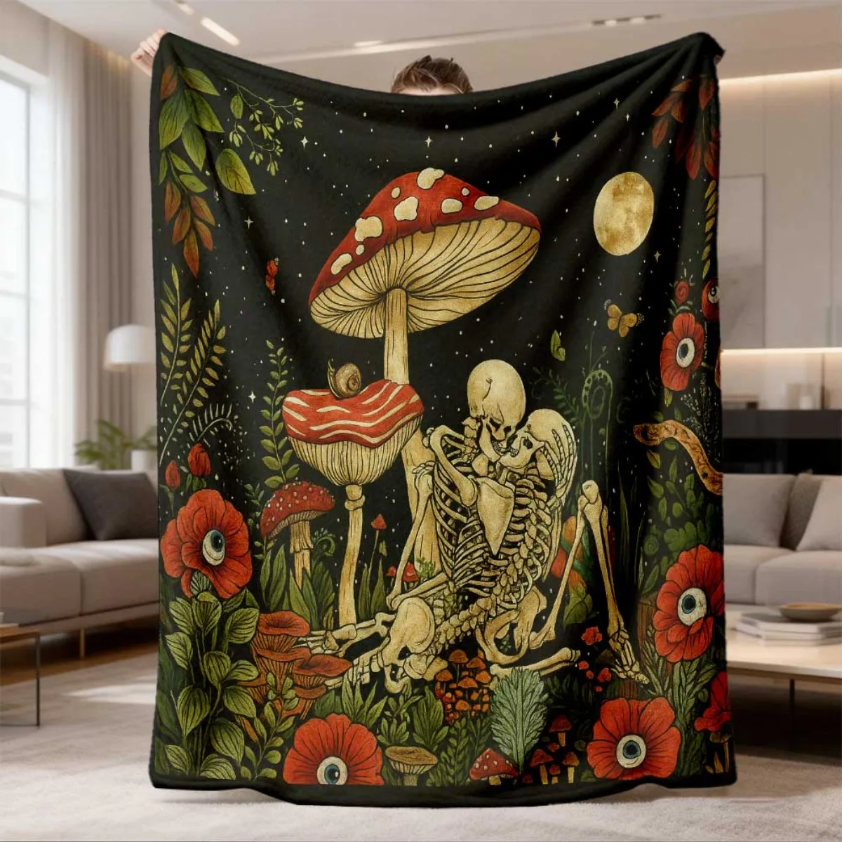 Occult Witchy Skeleton Pair Mushroom Floral Moon Art Pattern Flannel Blanket Warm Throw For Lounge Bedroom Holiday Warm Gift