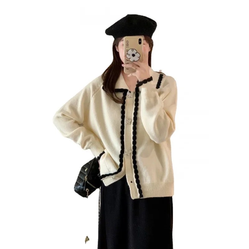 French Style Retro Lace Contrast Color Cardigan Women's Autumn Soft Glutinous Gentle Cute Youth-Looking Coat Sweater Top