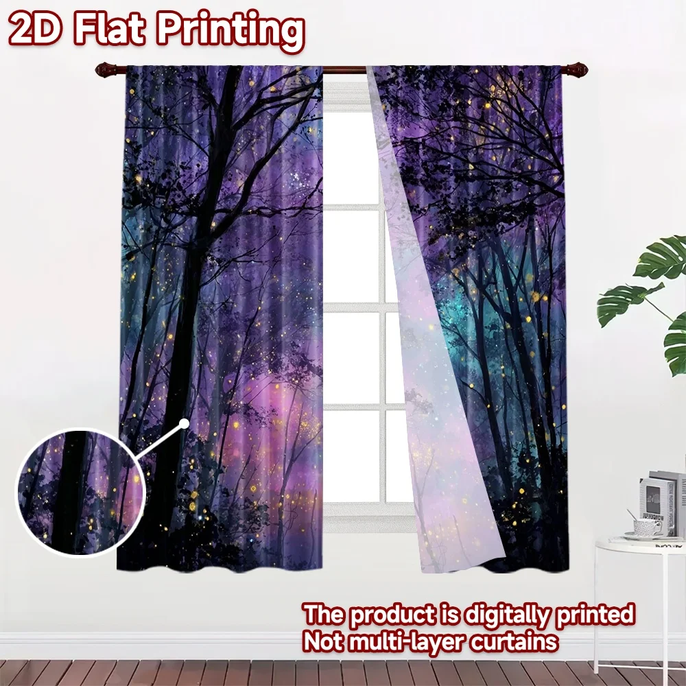 2D flat printing 2pcs Curtain Scene Curtain Starry Forest Glow Digital Printed Polyester Drapes Festive Wall Decor Use for