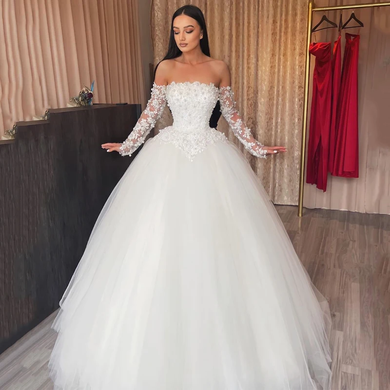 Eightree Sexy Wedding Dresses Off Shoulder Lace Applique Pearls Bride Dress White Princess Wedding Evening Ball Gowns Plus Size