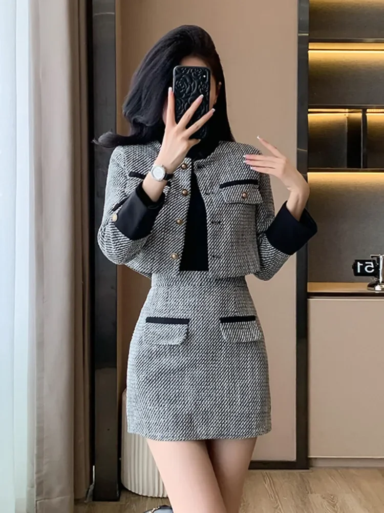 

Женская однобортная куртка, пальто + короткая юбка, костюмы для работы, деловой твидовый наряд, высококачественный элегантный модный комплект из 2 предметов