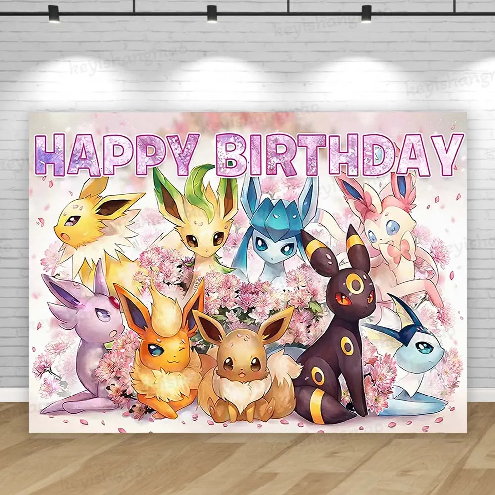 Eevee Family Pokemon Backdrop Cute Girl Princess Birthday Party Background Photography Bedroom Wall Hanging Photo Banner Decor