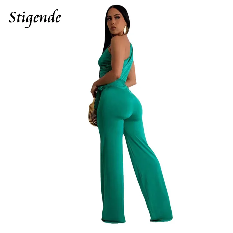 Stigende Wide Leg One Shoulder Jumpsuit Women Sexy Slash Neck Bandage Jumpsuit Romper