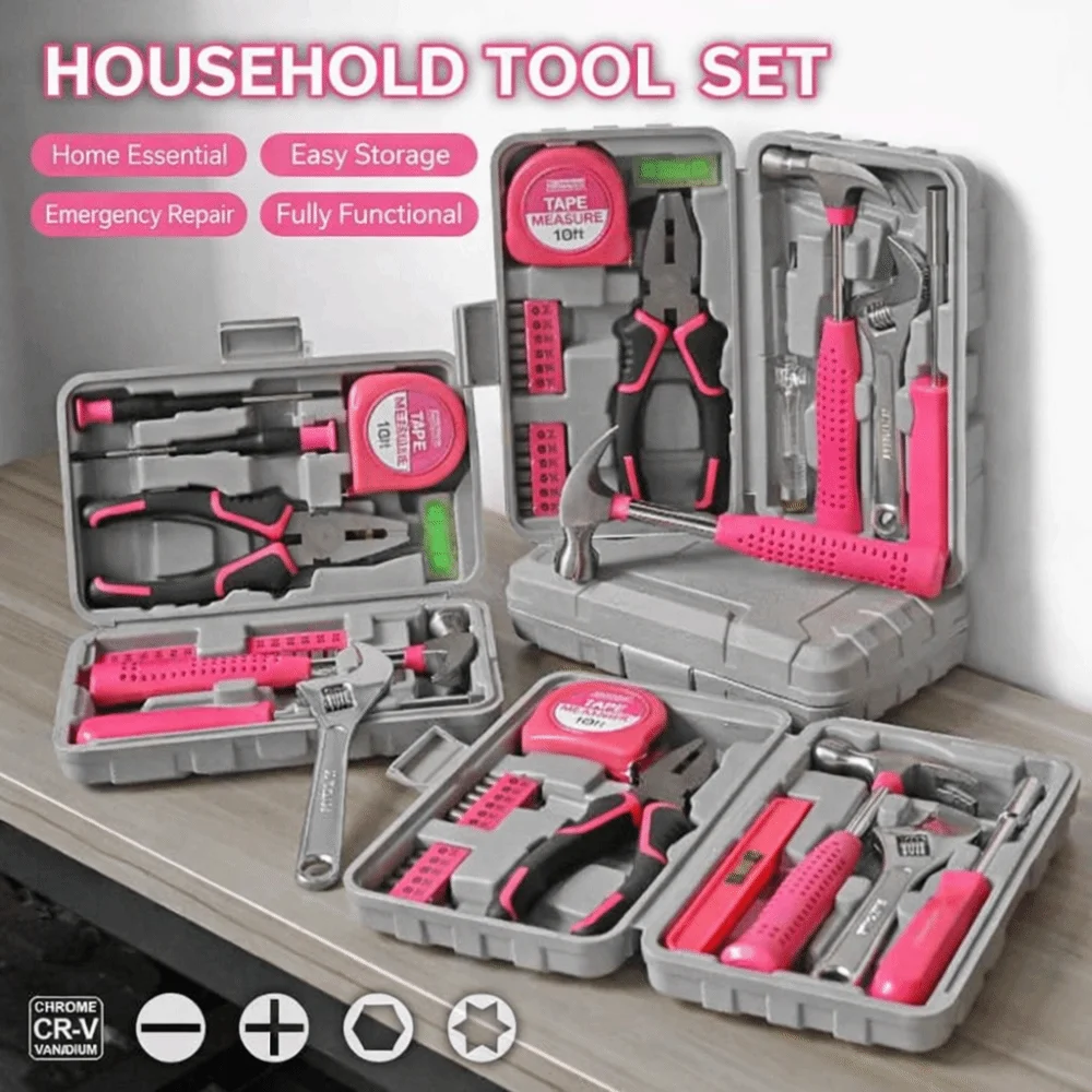 

Durable Pink/Yellow DIY Tool Kit Metal Household Hand Tool Kit Compact Repair Tools Home Use