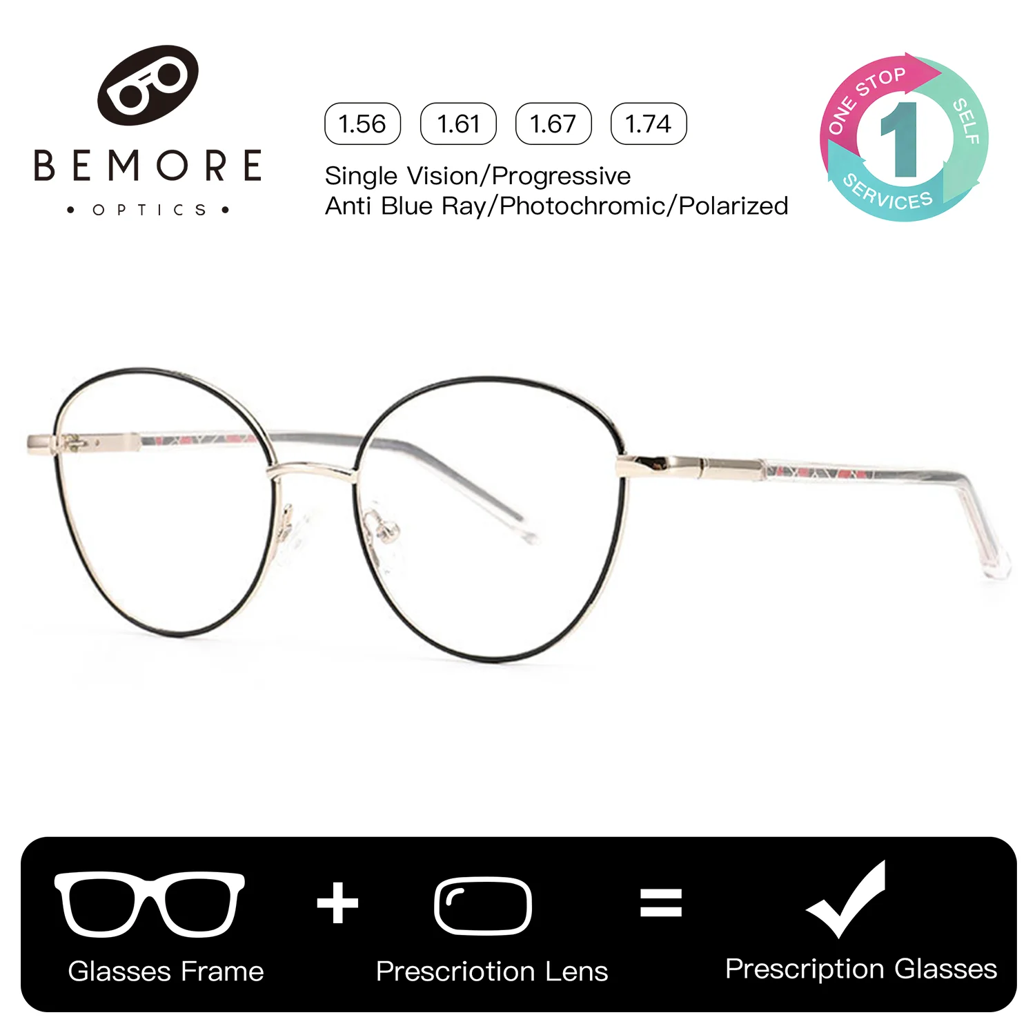 

BEMORE Classic Round Progressive Women Glasses High-Quality Metal Anti-Blue Light Photochromic Prescription Eyewear