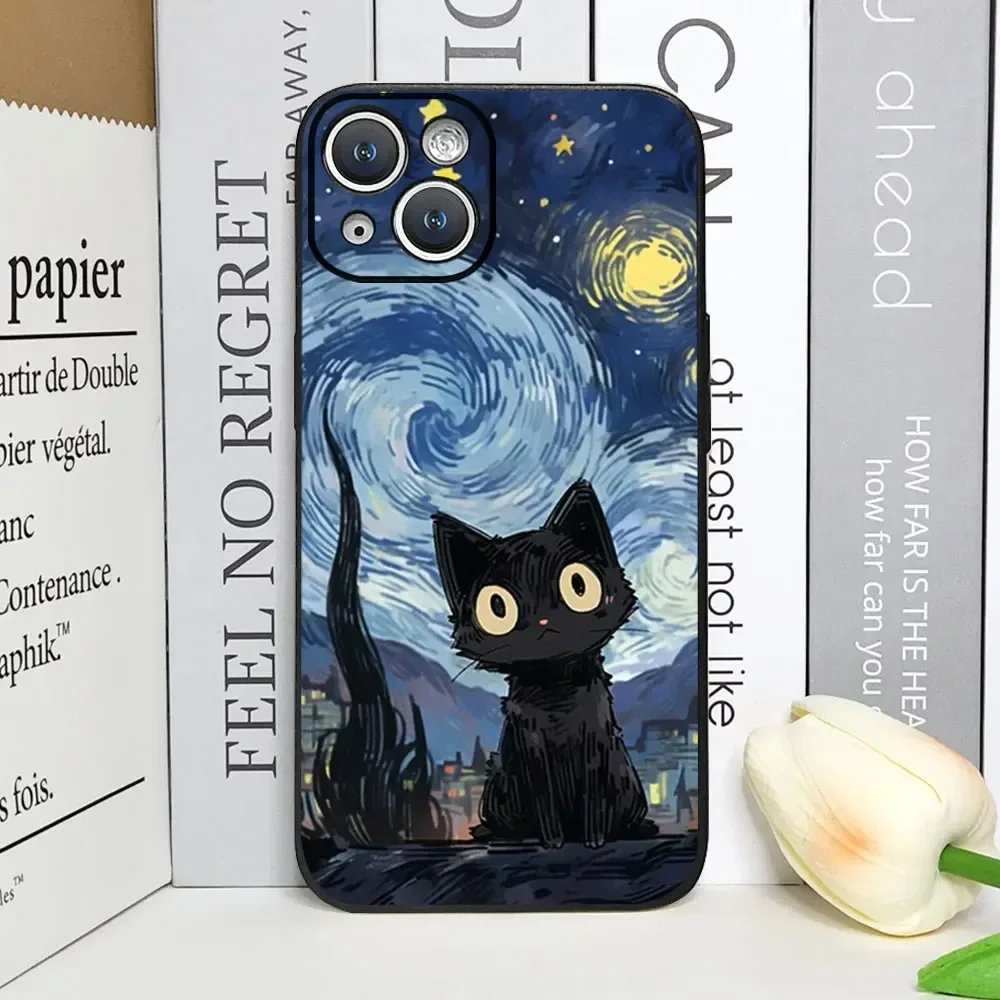 Artistic Black Cat Starry Night Phone Case For iPhone 16 15 14 13 12 11 Pro Max Mini 7 8 SE Plus Couple Cover Soft Shell Fundas