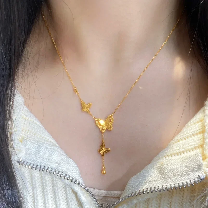 

9999 Real Gold 24K Tassel Butterfly Necklace Female Niche Light Luxury High Sense Fashion Versatile Collarbone Chain