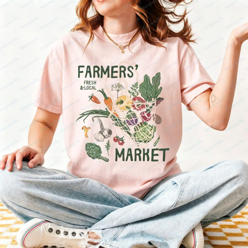 Tomato Girl Summer Shirt Farmers Market Tee Casual Cotton Short Sleeve Round Neck T-shirts Streetwear Unisex Women Clothing Tops