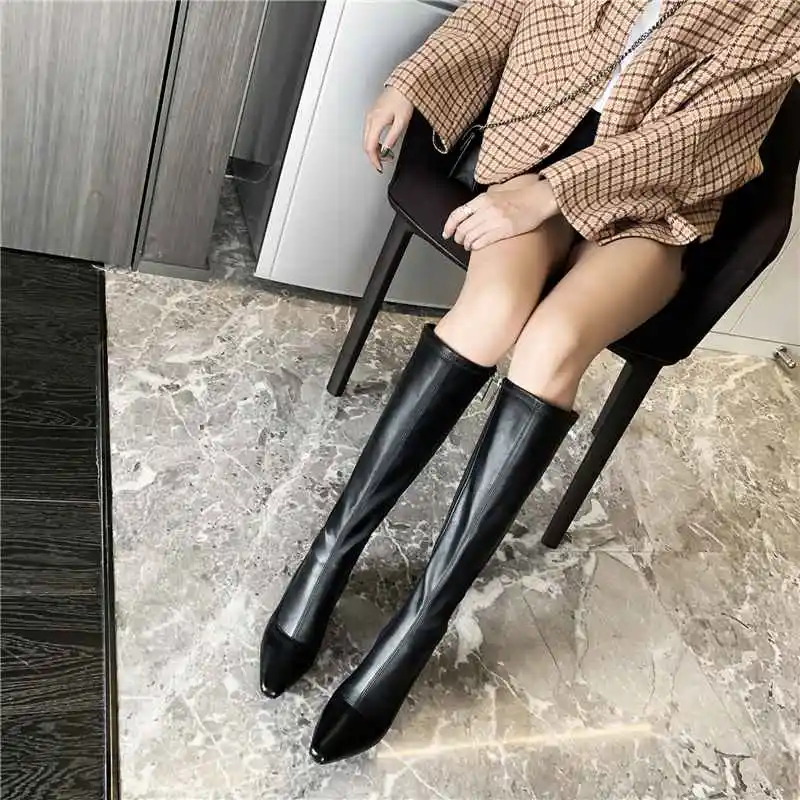 Krazing Pot Fashion Elegant Princess Style Cow Leather Small Square Toe Chunky High Heels Zipper Winter Stretch Thigh High Boots