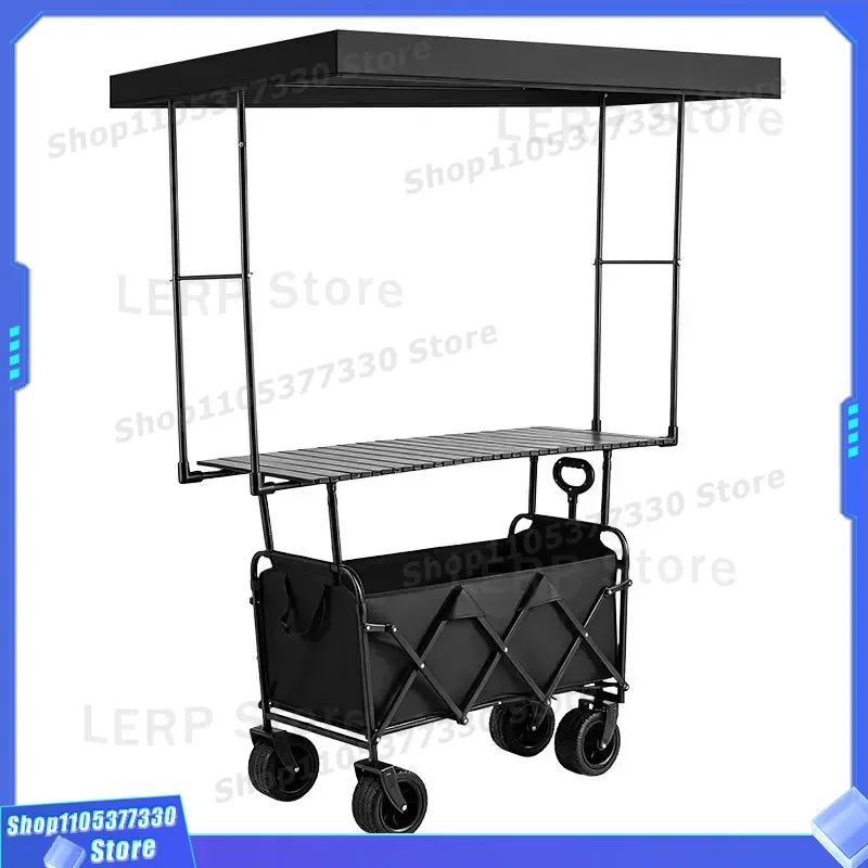 Heavy Duty Folding Steel Cart With Canopy Oversized All Terrain Wagon For Camping Outdoor Market Stall Multi Purpose Utility
