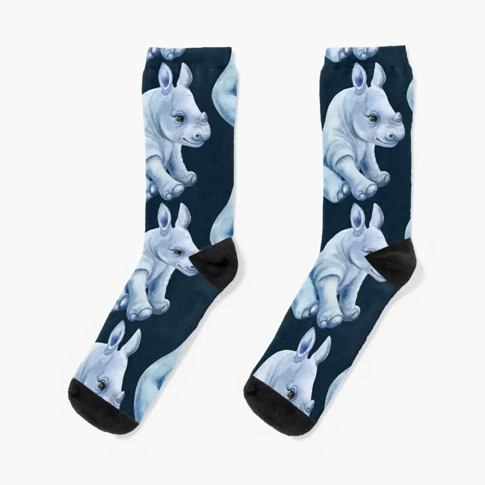 Cute rhino baby rhinoceros sitting blue colored Socks funny sock Running shoes funny gift Men Socks Luxury Brand Women's