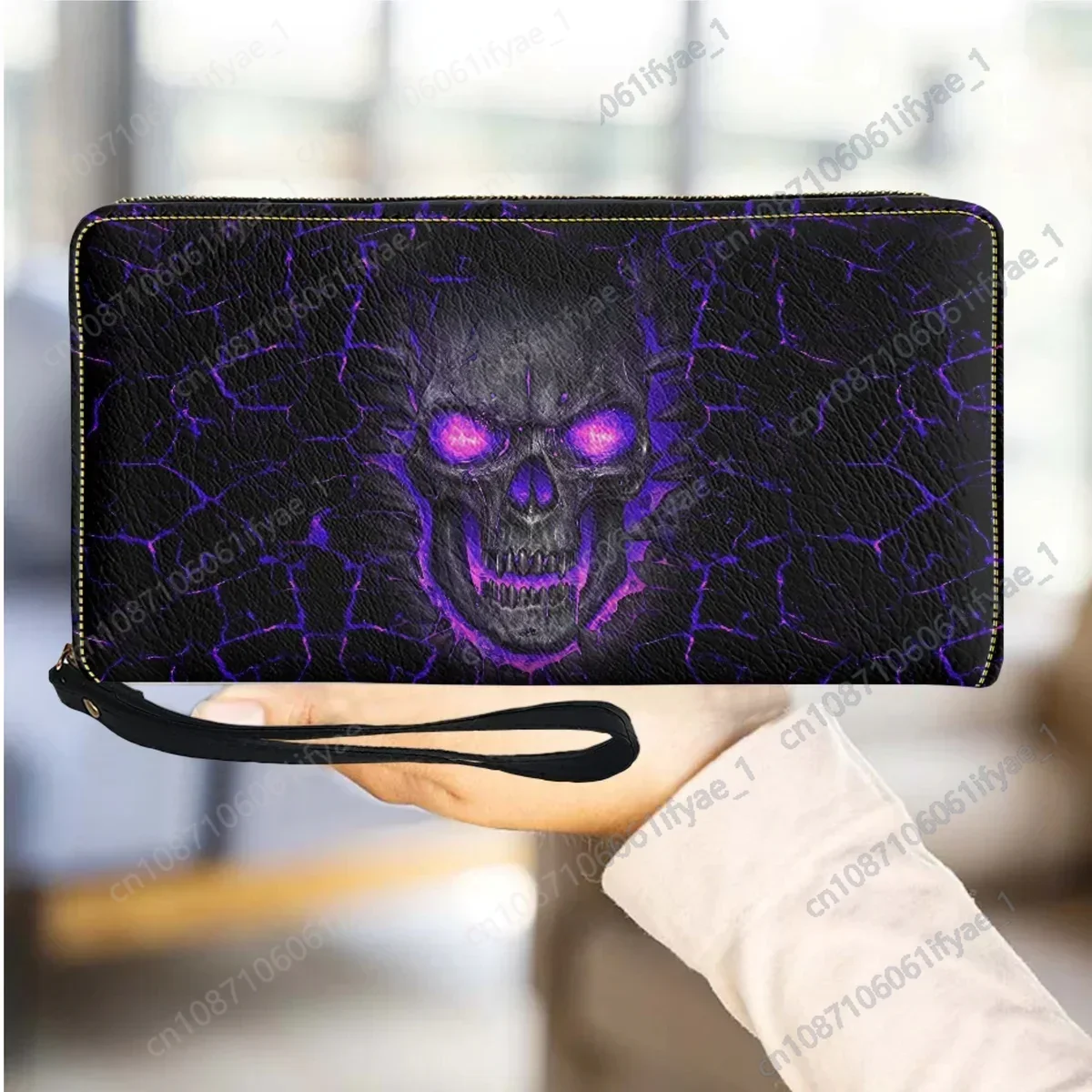 Roxo crânio lava carteiras femininas zíper luxo couro do plutônio senhoras bolsa carteira pulseiras porta passaporte meninas saco de mão personalizado