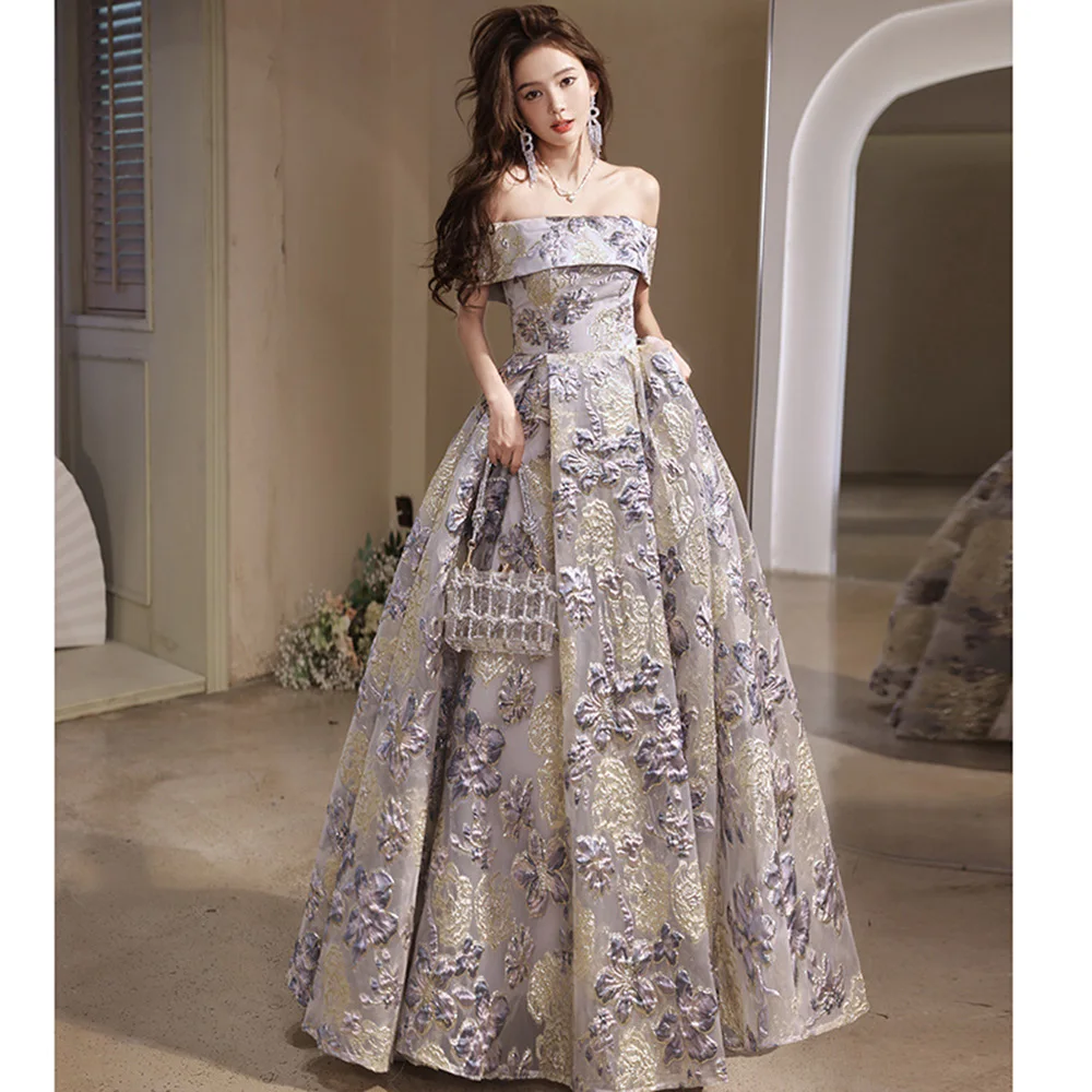 

Light Luxury Women's Evening Dress Grey Flower Texture Printing Princess Dress Elegant Off Shoulder Floor Length A-Line Vestido