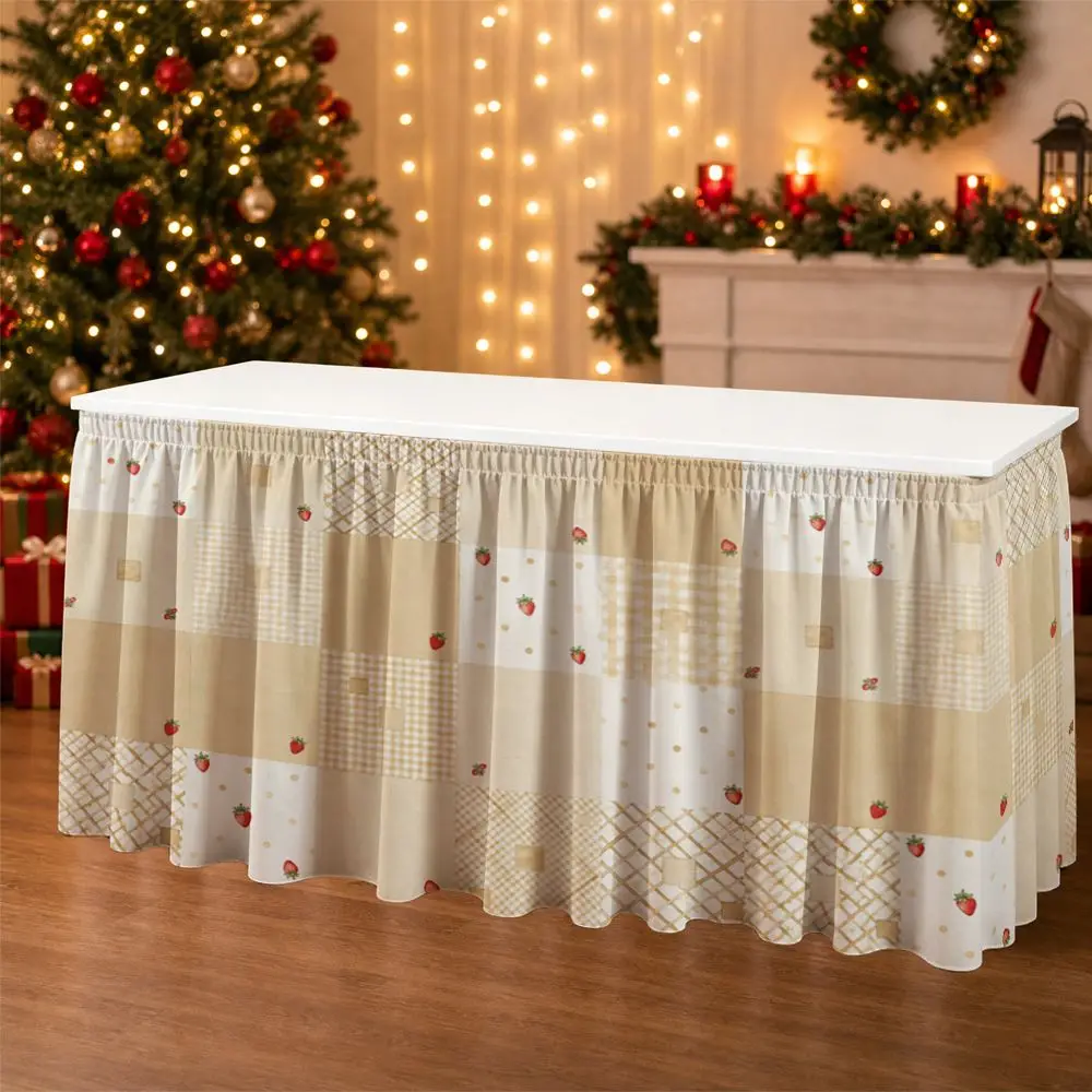 One-piece party table skirt decoration - Plaid checkered strawberry print ruffled tablecloth border