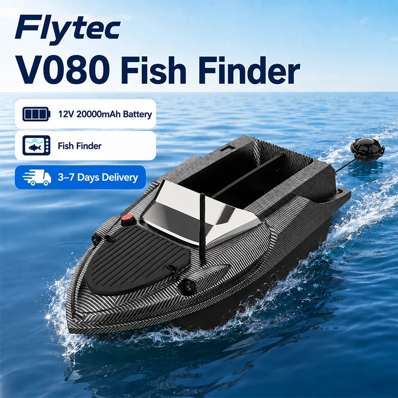 Bateau de pêche Flytec V080 GPS avec détecteur de poissons, batterie 12V 20000mAh, moteur à balais 550, télécommande 800M, capacité de charge d'appâts 3KG, autonomie 2-4H, bateau de pêche RC en fibre de carbone ABS avec écran 4,3 pouces pour la pêche à la carpe.