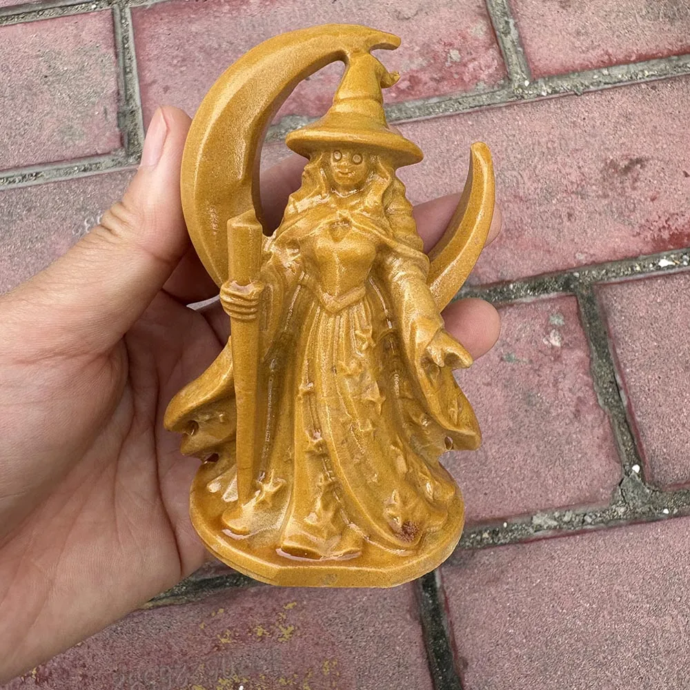 Handcrafted Natural Yellow Jade Witch Figurine with Moon, 10cm - Gemstone Magic Goddess Statue Tabletop Decor for Healing