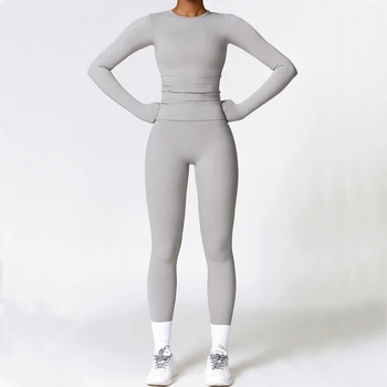 2 STKS Yoga Set Vrouwen Gym Kleding Fitness Workout Set Sportkleding Vrouwelijke Lange Mouw Crop Top Hoge Taille Legging Sportpakken