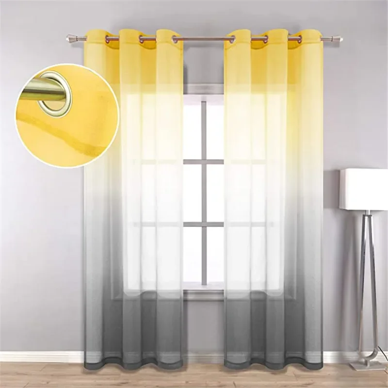 Yellow Grey Linen Sheer Curtains  for Bedroom Living Room Gradient Semi Voile Drapes  Window Curtain Eyelet Tops  Princess room