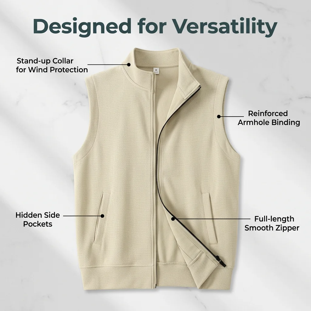 Men's Stand‑Collar Waffle Vest Custom Logo Print Embroidery Sleeveless Zip‑Up Jacket Business Casual Sleeveless Gilet Outerwear