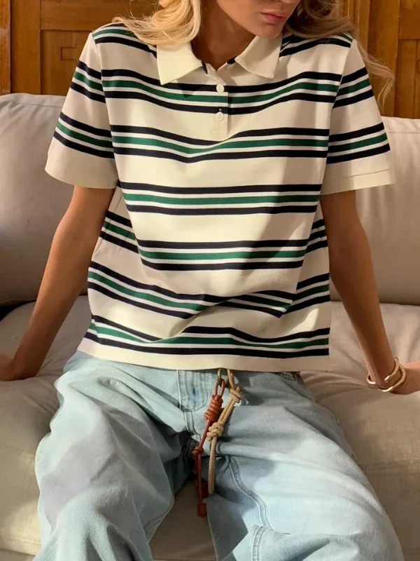 

Comfortable Polo Neck T Shirt Women Soft Chic Tees 95% Cotton Jumper Clothes Loose Casual Pullover 2025 Summer New Crop Tops