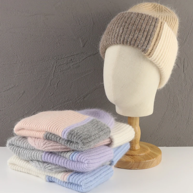 New Tricolor Matching Beanies for Women Rabbit Fur Soft Fluffy Winter Hat Lady Pinkycolor Warm Angora Knitted Hat Skullies Caps