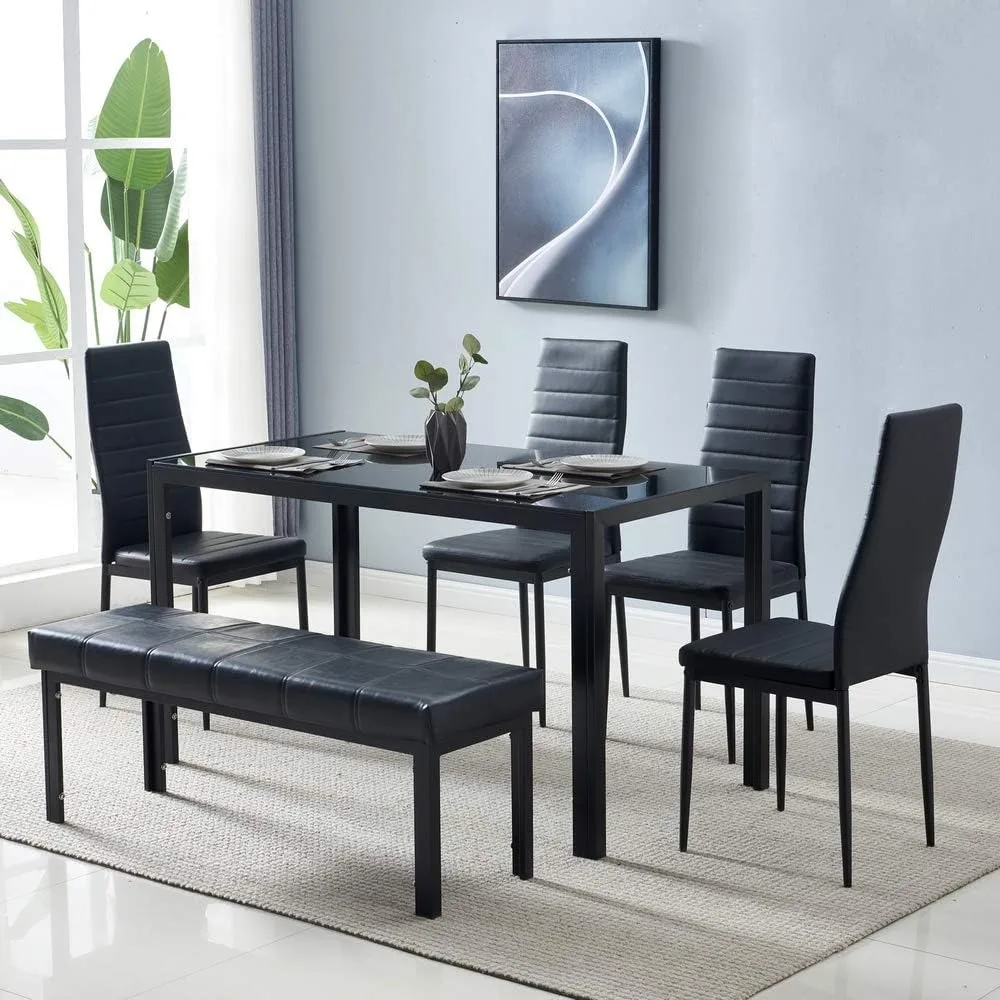 Black PU Dining Chair Set of 6, Leather Dining Chairs with Curved Back & Foot Cap Protection for Dining Kitchen Living