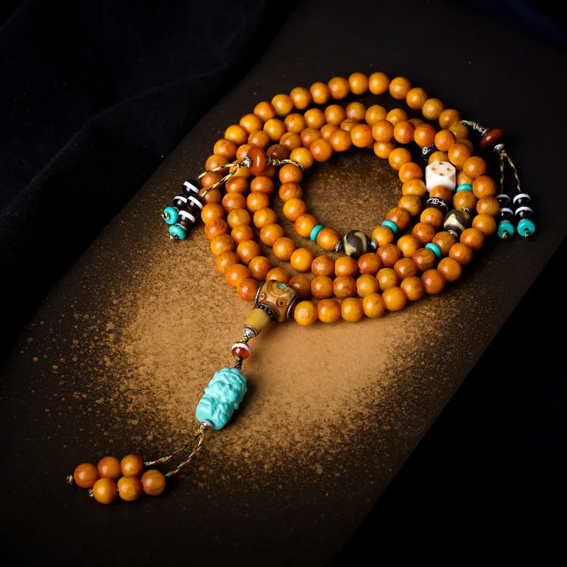 Tibetan- bone Buddha necklace, collectible turquoise and yellow wealth god agate 108-bead prayer beads, ethnic style s